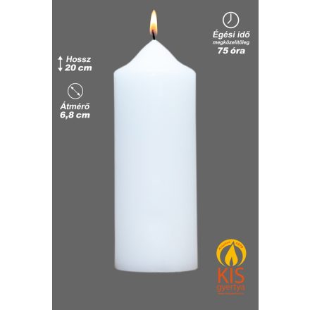 Fehér templomi oltárgyertya szembemiséző oltárra, 20 cm-es